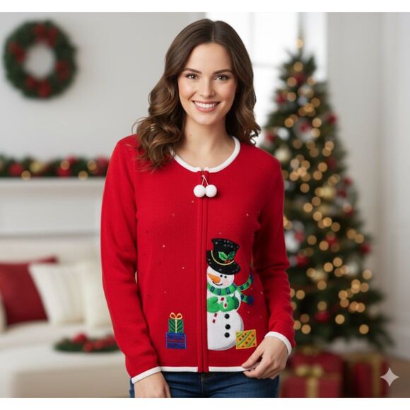 Tiara Sweaters - Tiara Intl Red Christmas Cardigan Snowman Full Zip Ugly Sweater Women’s M